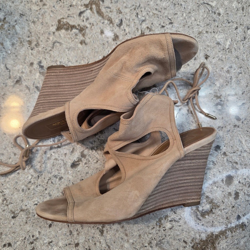 Aquazzura Firenze Tan Suede Lace Up Wedge Sandals Peep Toe‎  38 Made in Italy - Picture 12 of 14
